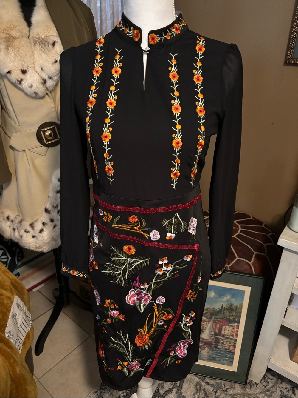 LE Mieng Black Floral Embroidered Midi Dress